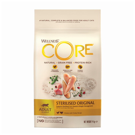 WellnessCORE Sterilised Original, karma sucha, dla kotów dorosłych po sterylizacji, kurczak i indyk, 4 kg